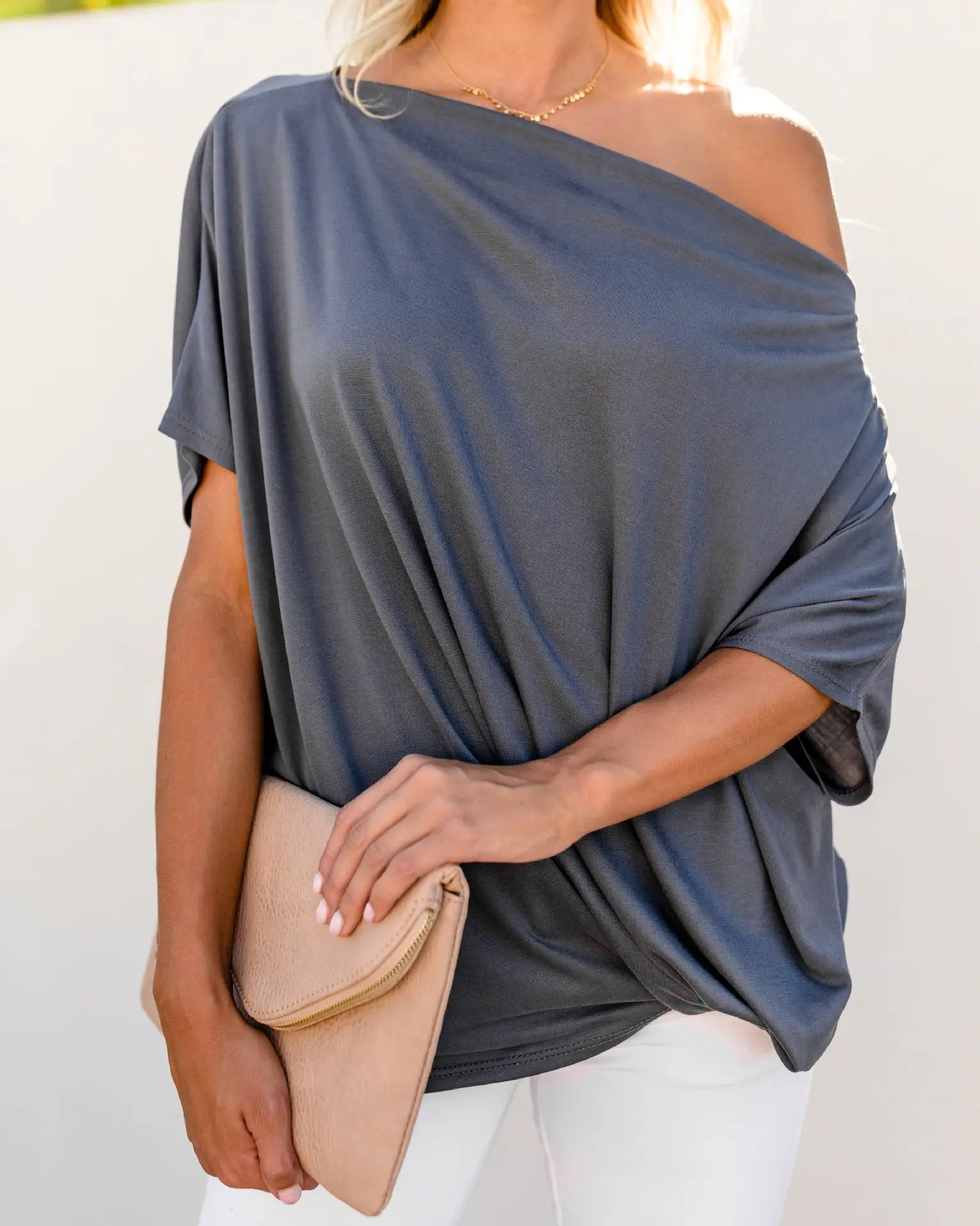 2024 Sloping Shoulder Women's T-Shirt Grey - Image 2