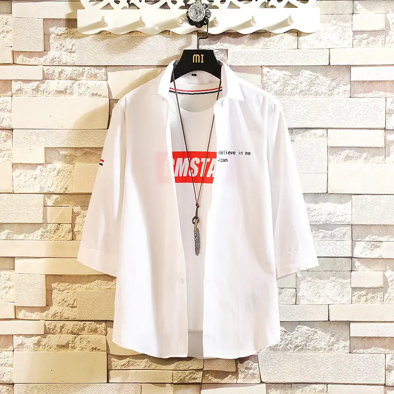 Men's Grey Korean Style Slim Fit Cotton Shirt with English Print