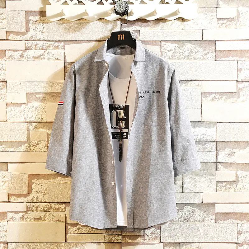 Men's Grey Korean Style Slim Fit Cotton Shirt with English Print
