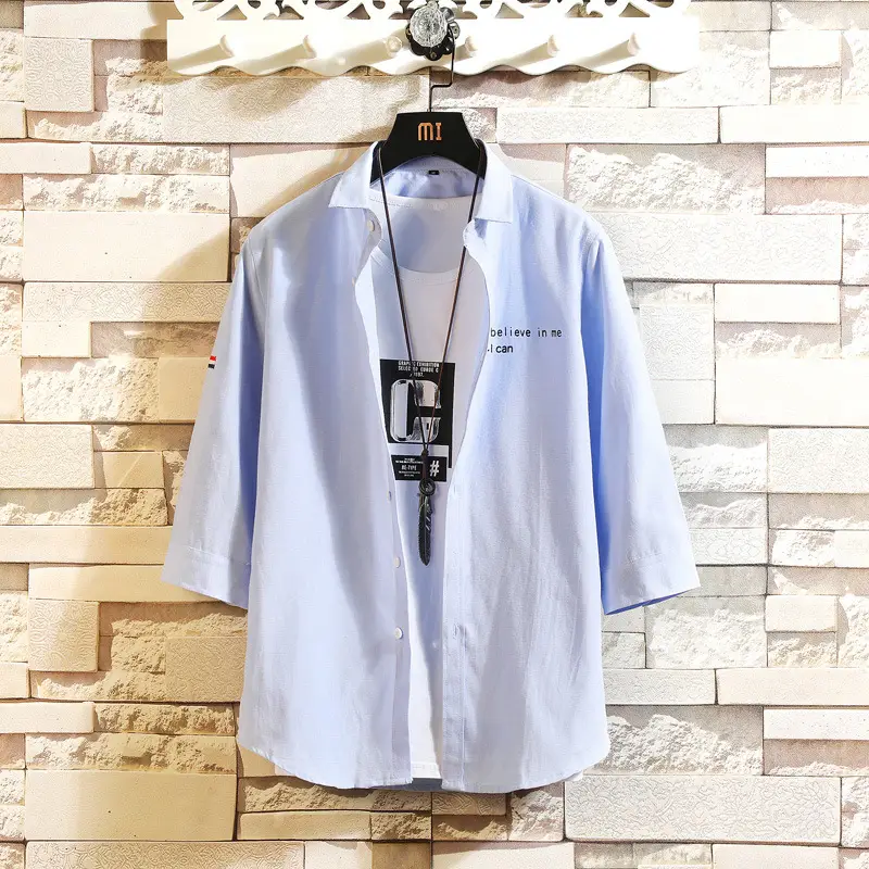 Men's Grey Korean Style Slim Fit Cotton Shirt with English Print