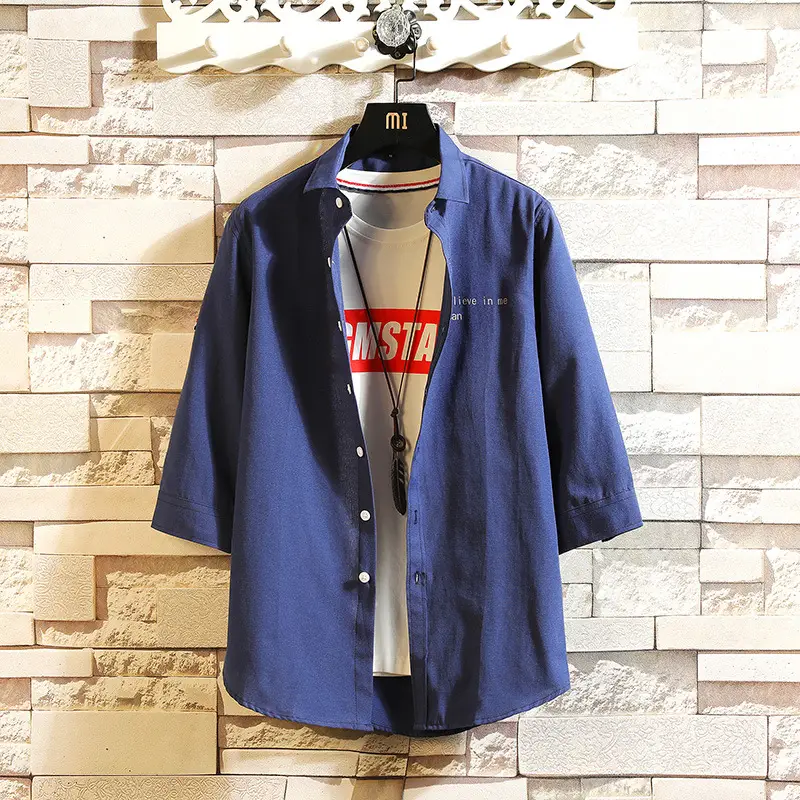 Men's Grey Korean Style Slim Fit Cotton Shirt with English Print