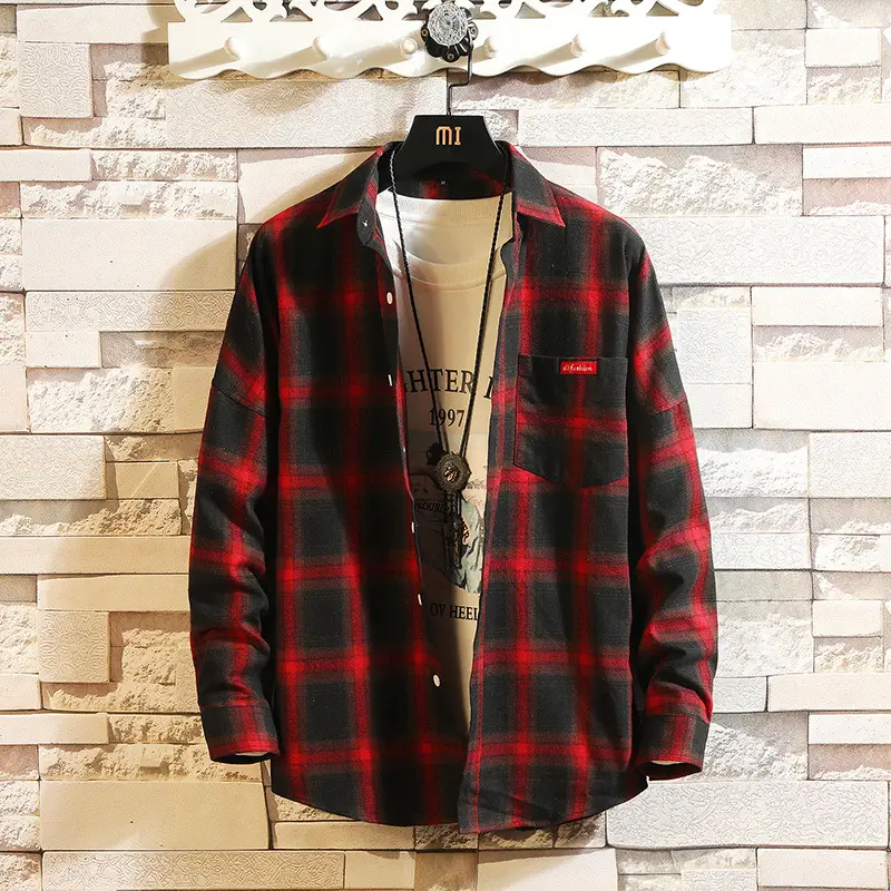 Men's Red Black Plaid Cotton Shirt Micro-Base - Image 7