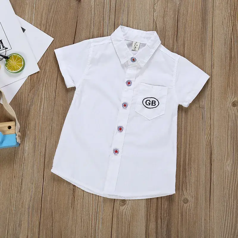 Children's Button Knitted Short Sleeve Shirt 3-8Yrs Solid Color - Image 4