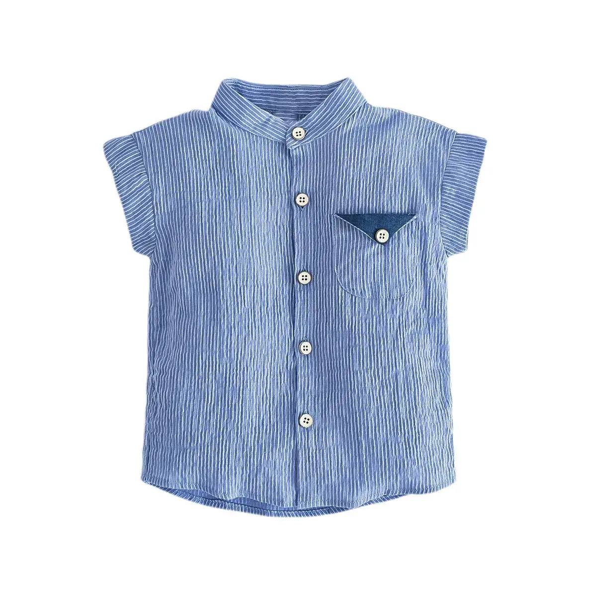 Boys Striped Short Sleeve Shirt Blue Cotton Linen Summer - Image 7