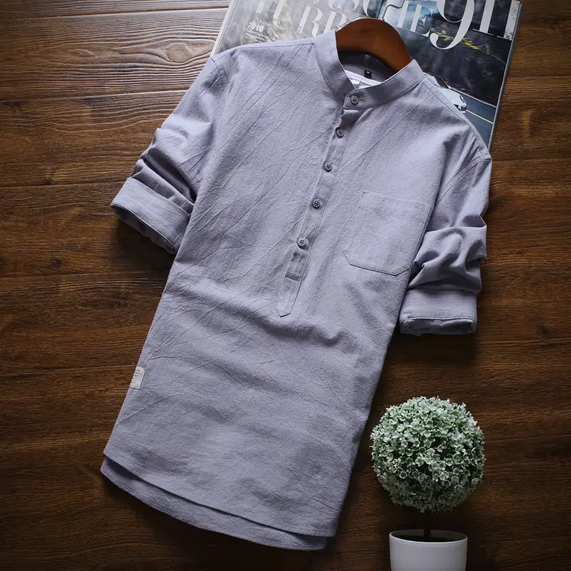 Men Light Blue Seven-Piece Cotton Shirt