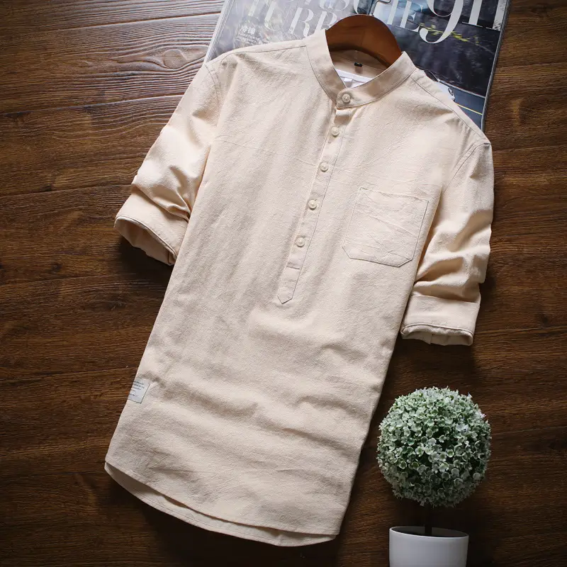 Men Light Blue Seven-Piece Cotton Shirt