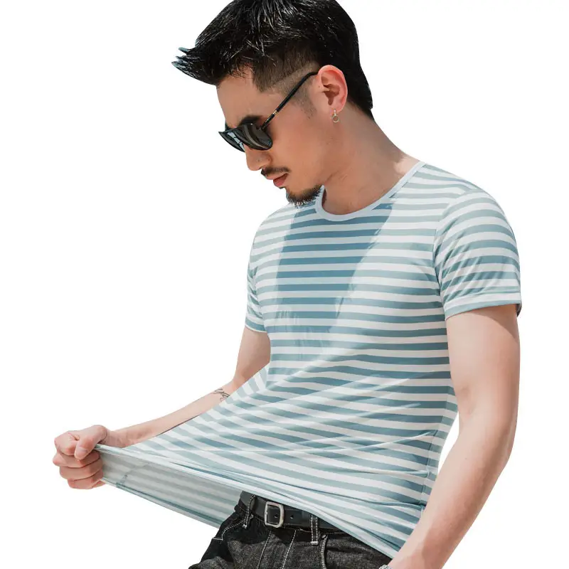 Men Striped Cotton T-Shirt Light Blue Casual Wear