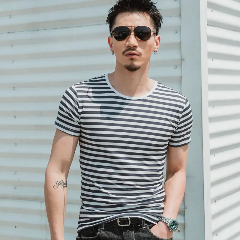 Men Striped Cotton T-Shirt Light Blue Casual Wear