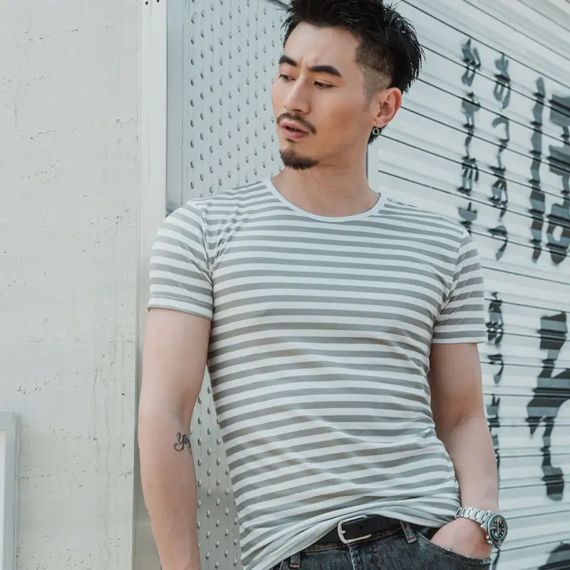 Men Striped Cotton T-Shirt Light Blue Casual Wear