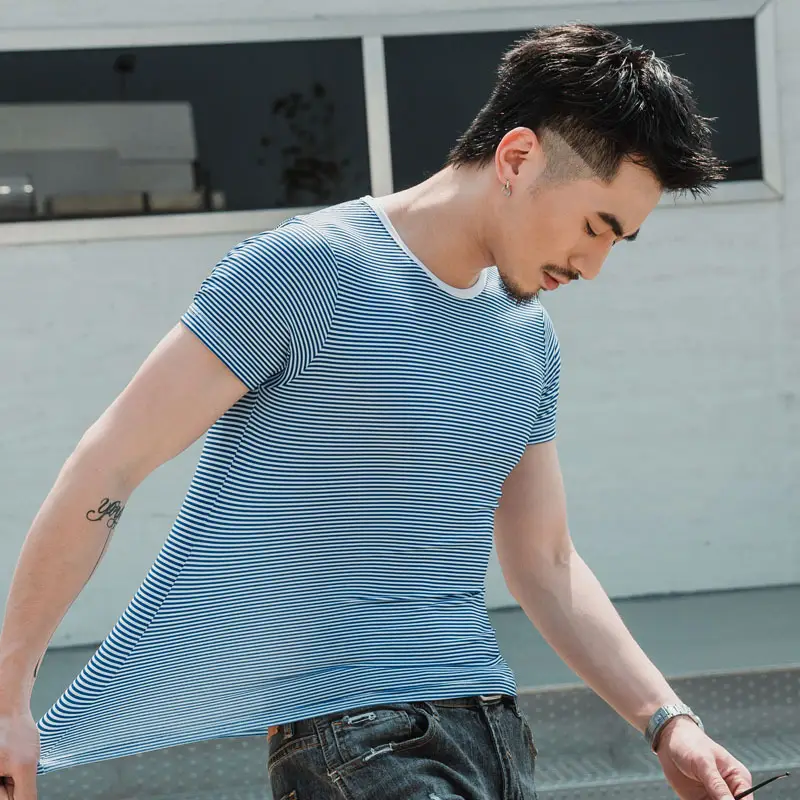 Men Striped Cotton T-Shirt Light Blue Casual Wear
