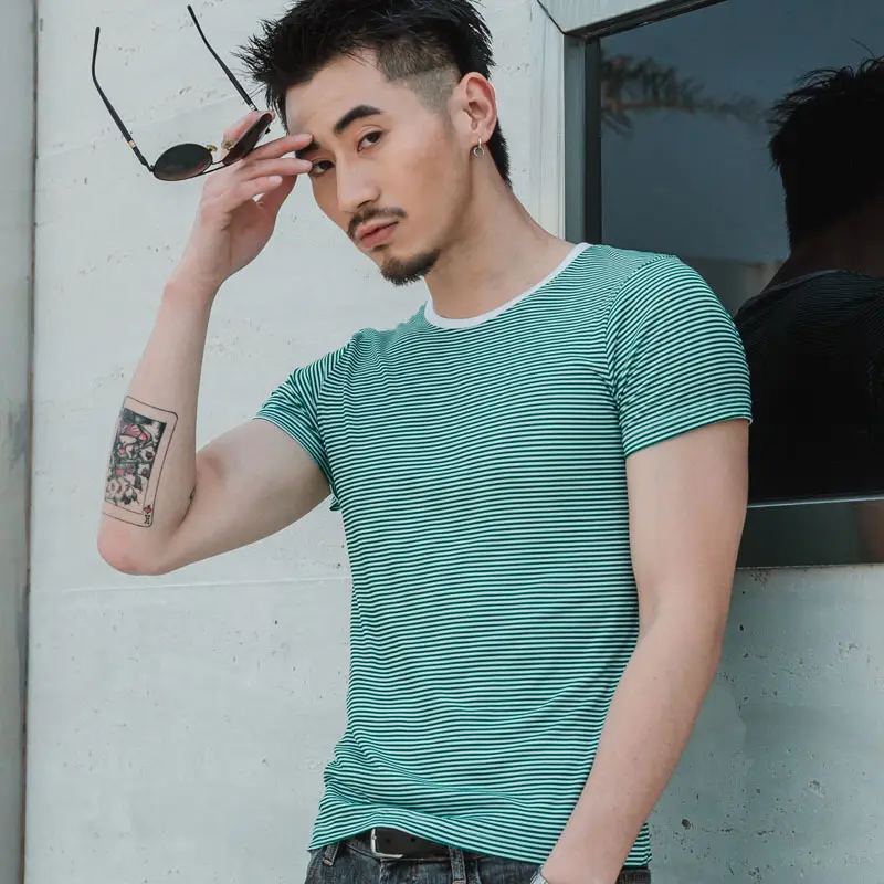 Men Striped Cotton T-Shirt Light Blue Casual Wear