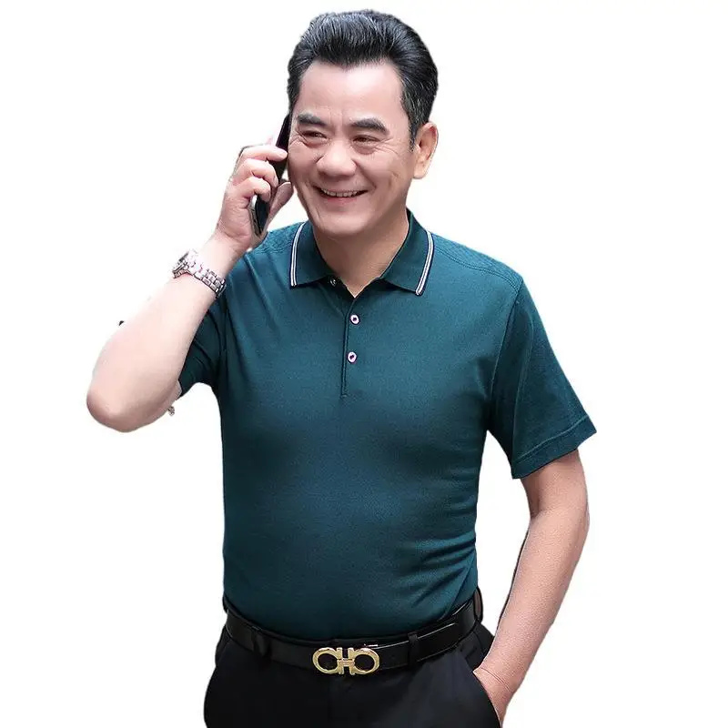 Men Blue Knitted Lapel T-Shirt Short Sleeve Urban Casual