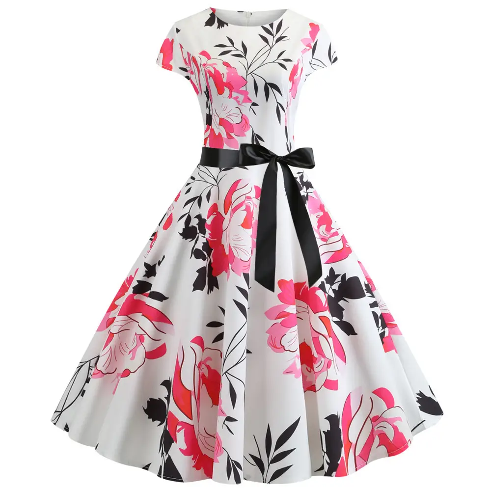 Women Summer Floral Belted Swing Dress White Red