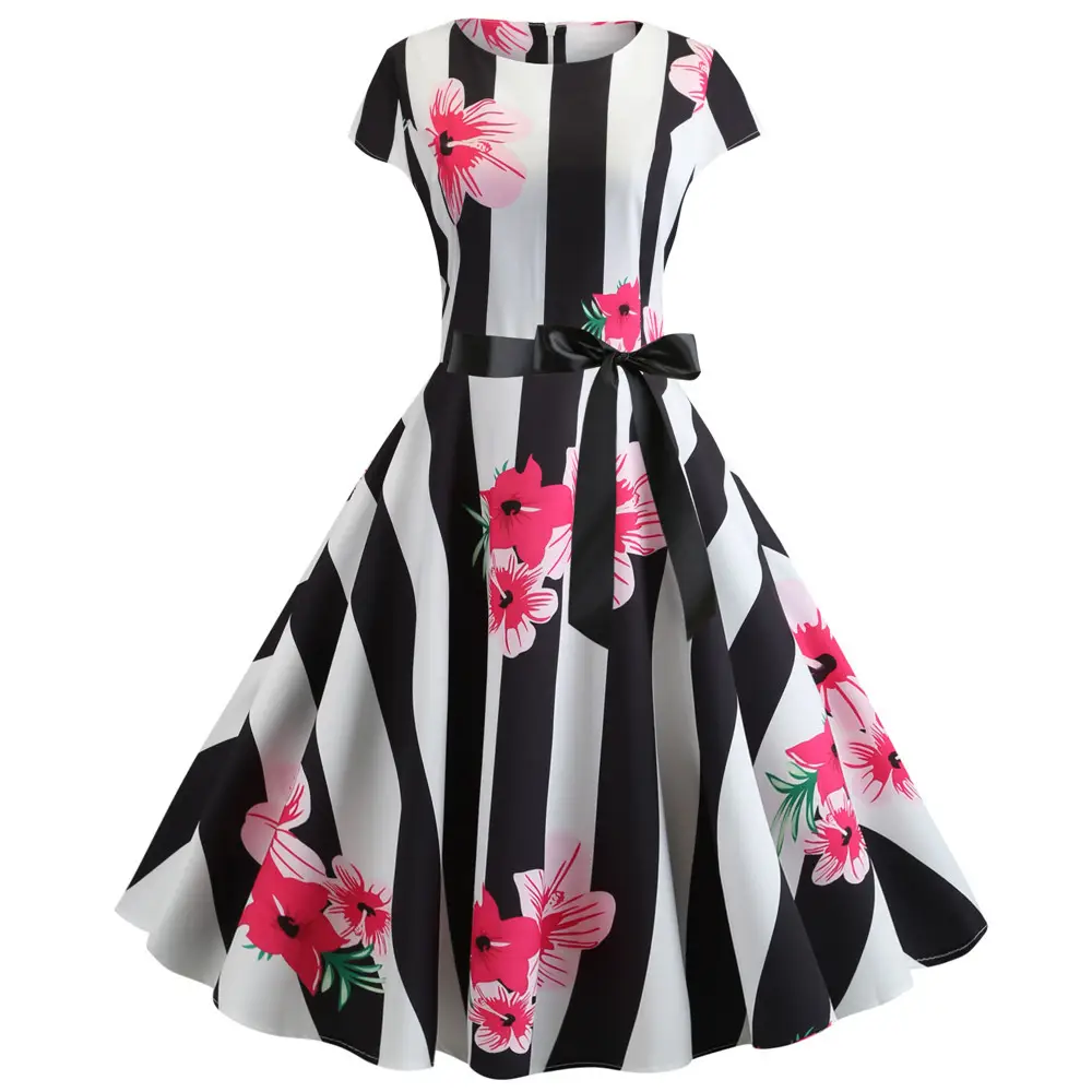 Women Summer Floral Belted Swing Dress White Red