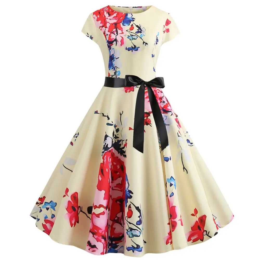 Women Summer Floral Belted Swing Dress White Red