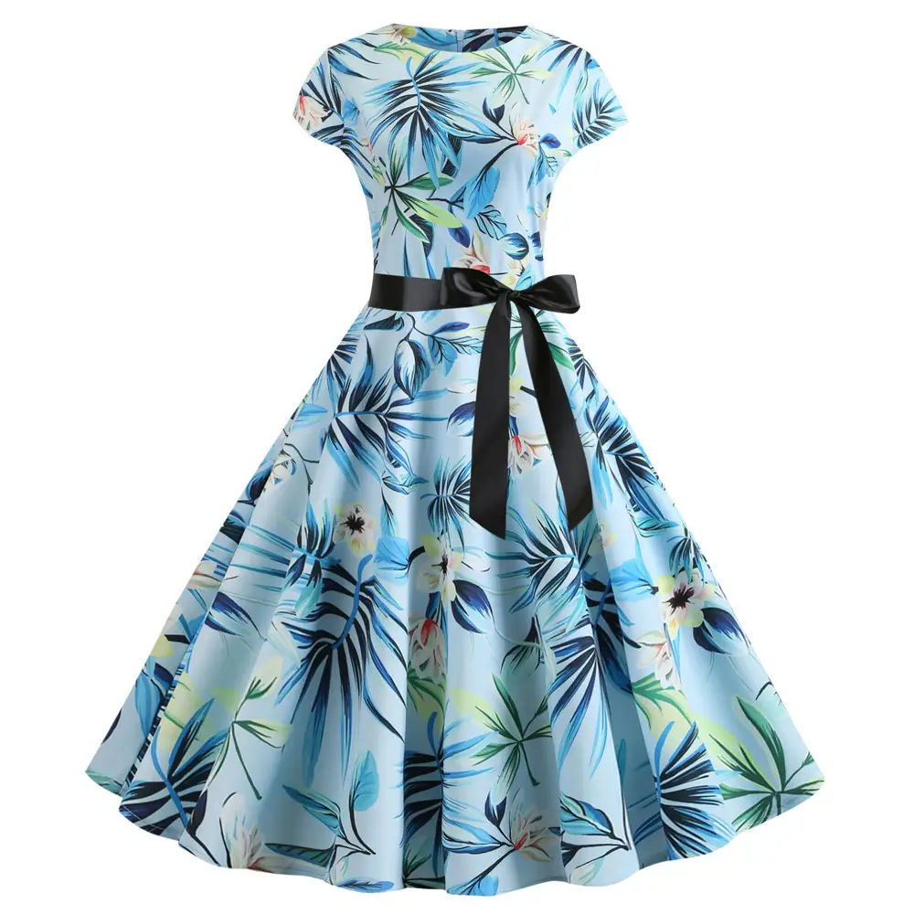 Women Summer Floral Belted Swing Dress White Red