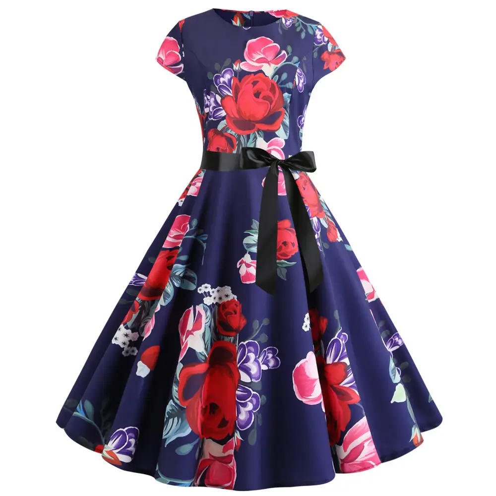Women Summer Floral Belted Swing Dress White Red