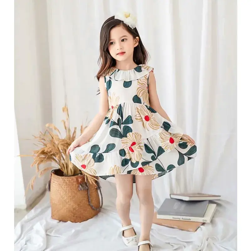 2020 Girls' Printed Sleeveless Summer Dress Blue Floral - Image 4