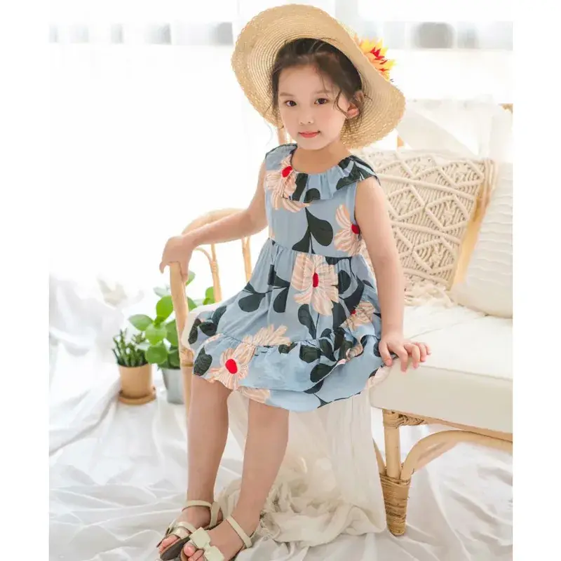 2020 Girls' Printed Sleeveless Summer Dress Blue Floral - Image 5