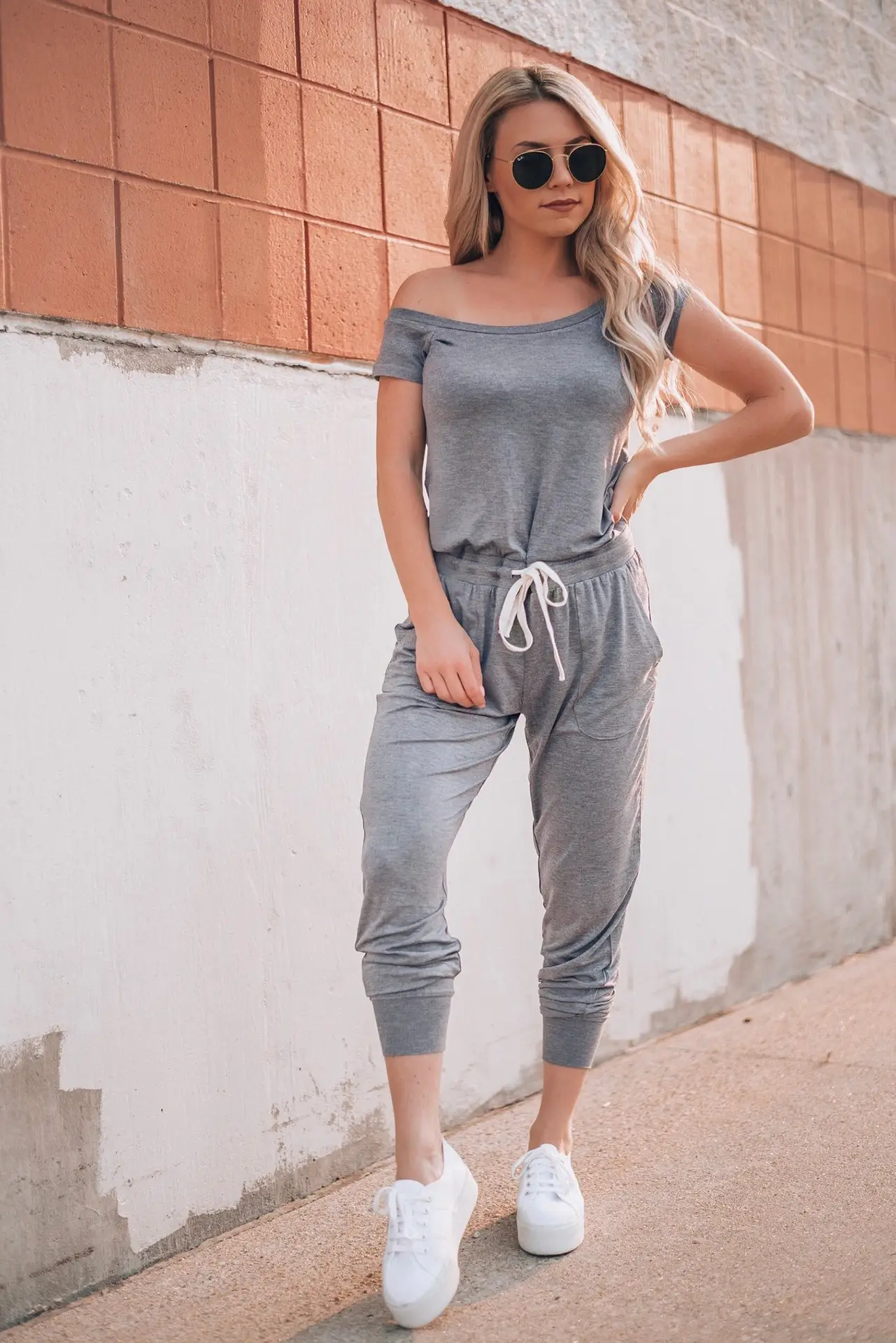 Off-Shoulder Grey Lace-Up Pants Set for Women — feature 32