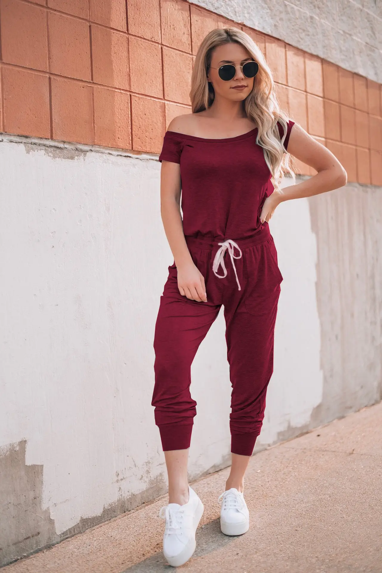 Off-Shoulder Grey Lace-Up Pants Set for Women — feature 35