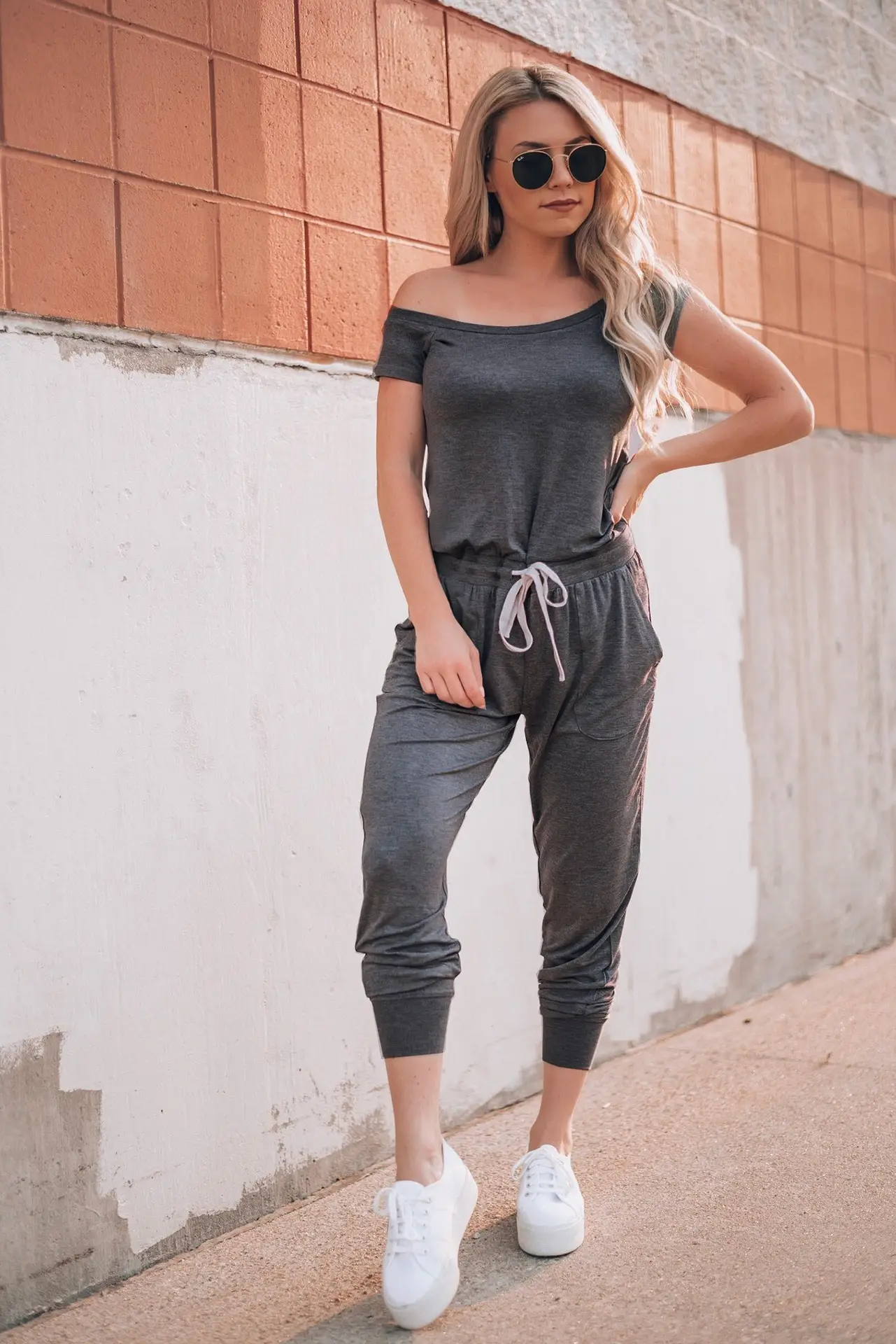 Off-Shoulder Grey Lace-Up Pants Set for Women — feature 36