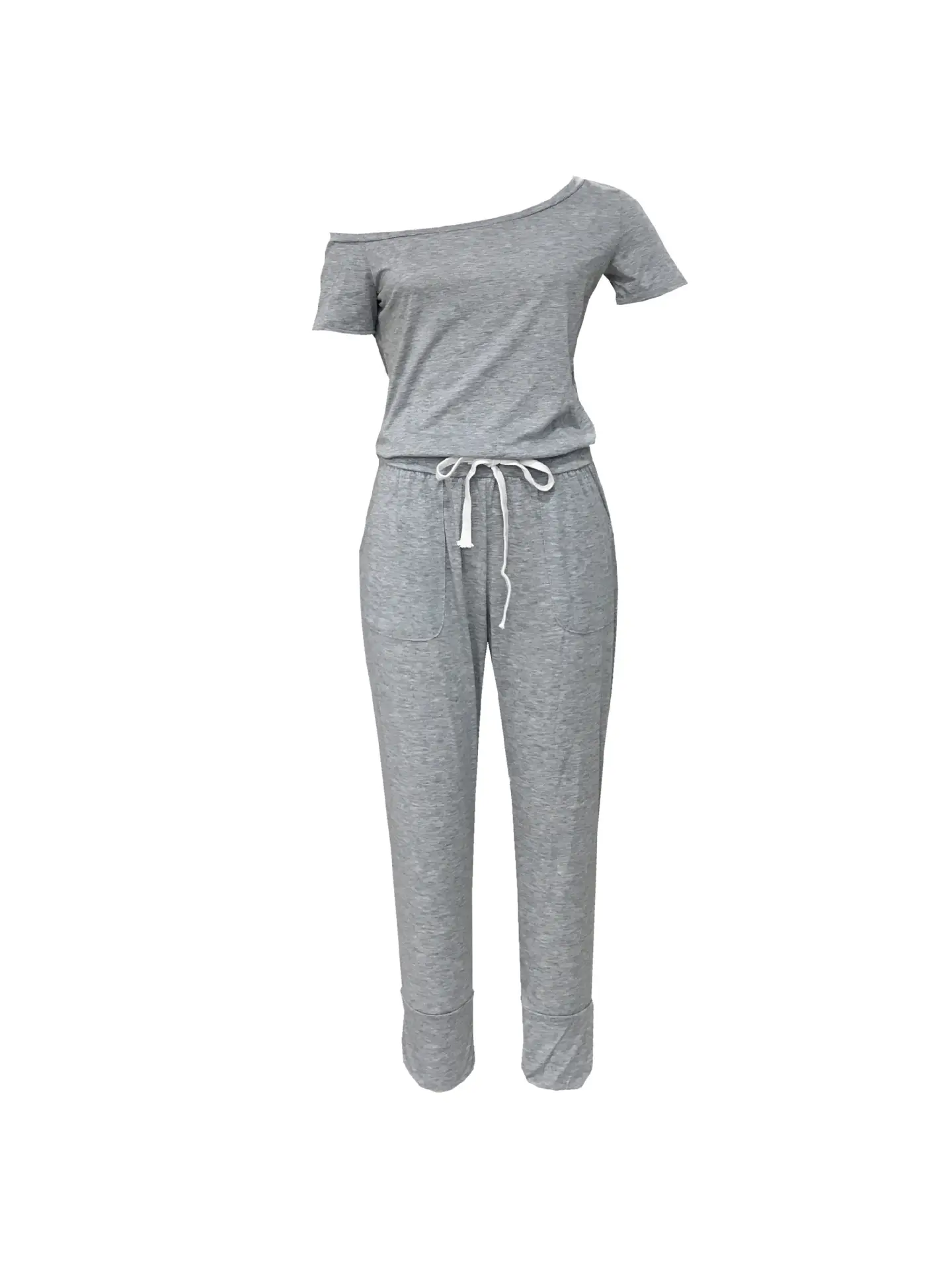Off-Shoulder Grey Lace-Up Pants Set for Women — feature 39