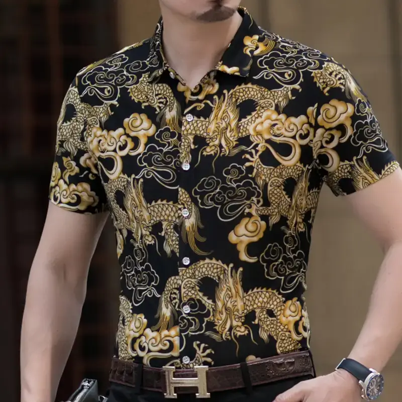 Men's Black Gold Dragon Printed Ice Silk Shirt - Image 5