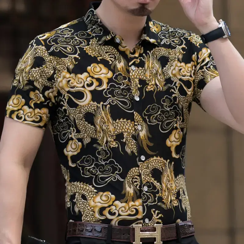 Men's Black Gold Dragon Printed Ice Silk Shirt - Image 6