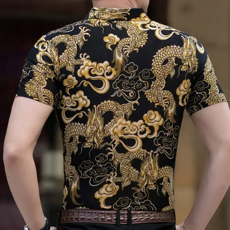Men's Black Gold Dragon Printed Ice Silk Shirt - Image 7