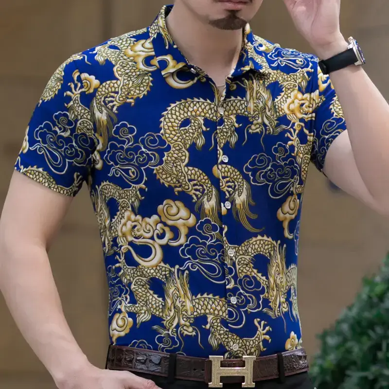 Men's Black Gold Dragon Printed Ice Silk Shirt - Image 8