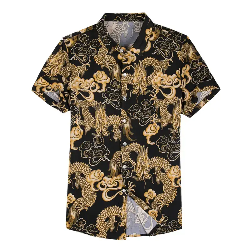 Men's Black Gold Dragon Printed Ice Silk Shirt - Image 9