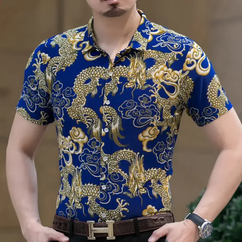 Men's Black Gold Dragon Printed Ice Silk Shirt - Image 2