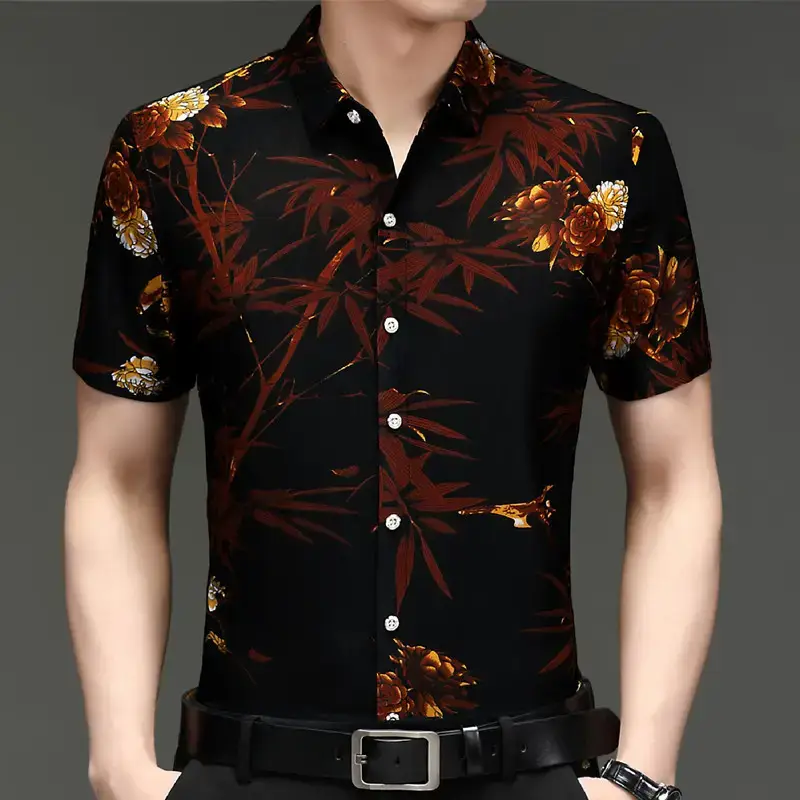 Men's Black Gold Dragon Printed Ice Silk Shirt - Image 3