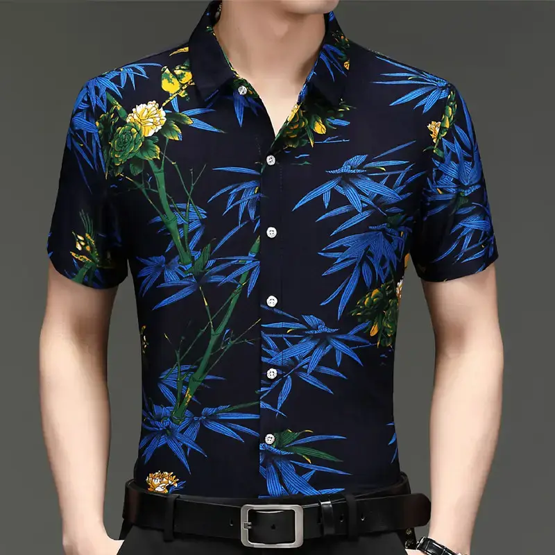 Men's Black Gold Dragon Printed Ice Silk Shirt - Image 4