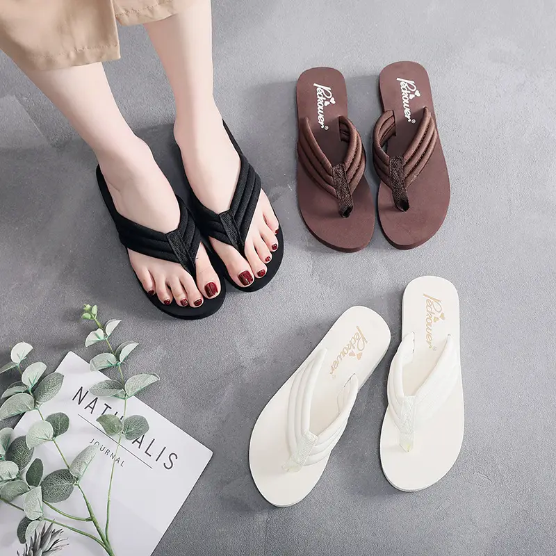 Women Black Korean Style Flip Flops Summer Beach Flats