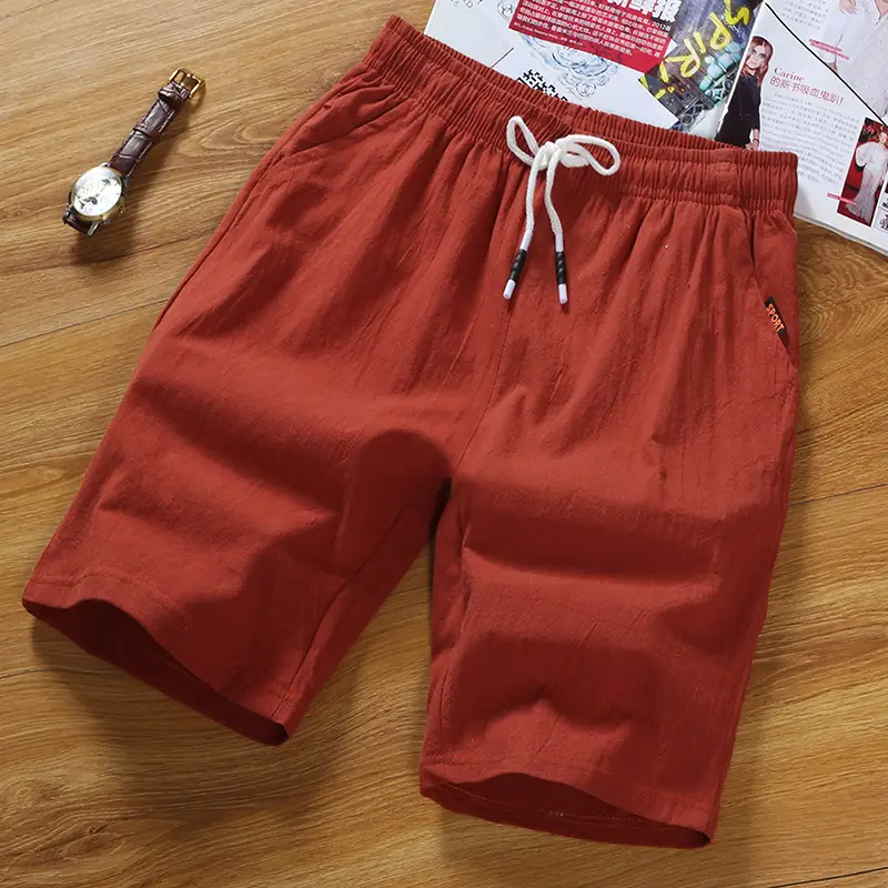 Men Cotton Drawstring Shorts Red Large - Image 2