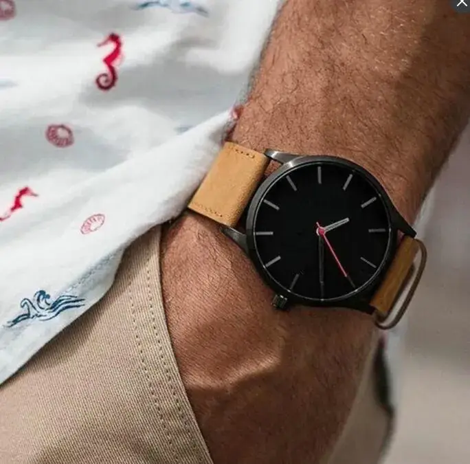Men's Black Dial Quartz Watch with Tan Belt - Image 6