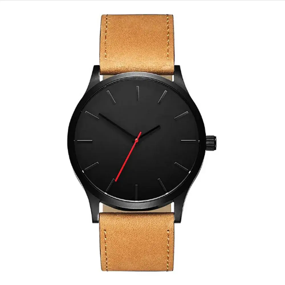 Men's Black Dial Quartz Watch with Tan Belt - Image 3