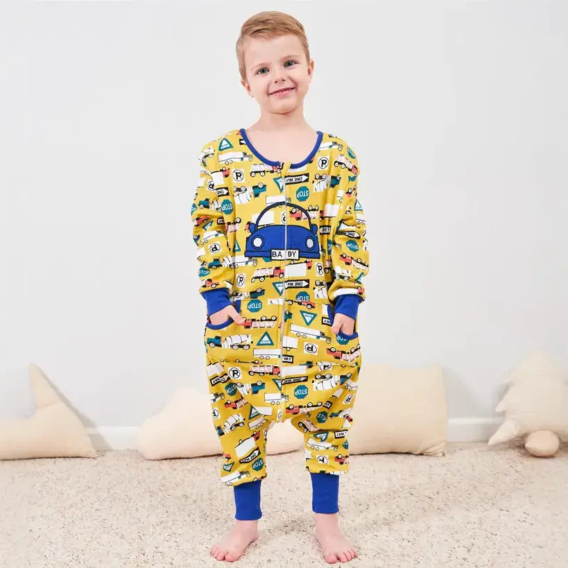 Kids Cotton Kick Print Pajamas Set Blue Yellow