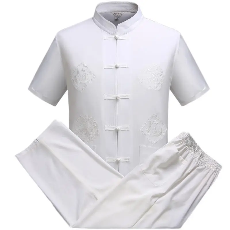 White Chinese Embroidered Tang Suit for Men - Image 25