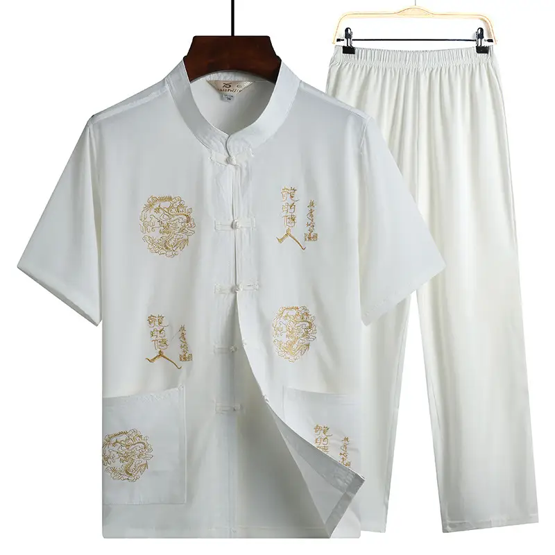 White Chinese Embroidered Tang Suit for Men - Image 15