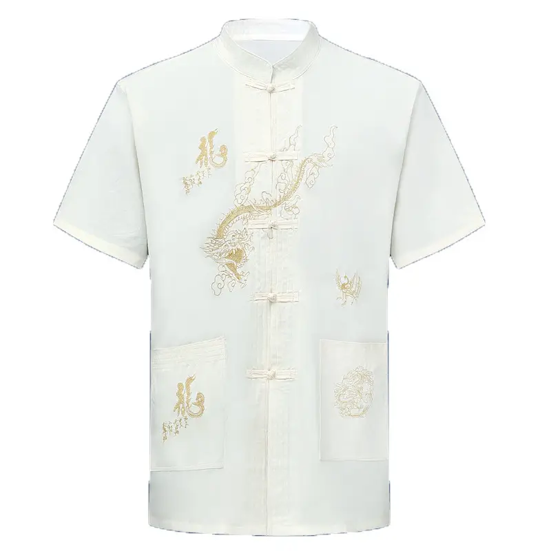 Chinese Style White Embroidered Men's Shirt with Vertical Collar - Image 10