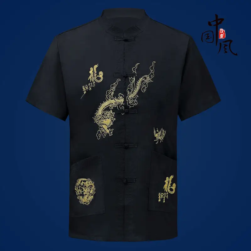 Chinese Style White Embroidered Men's Shirt with Vertical Collar - Image 5