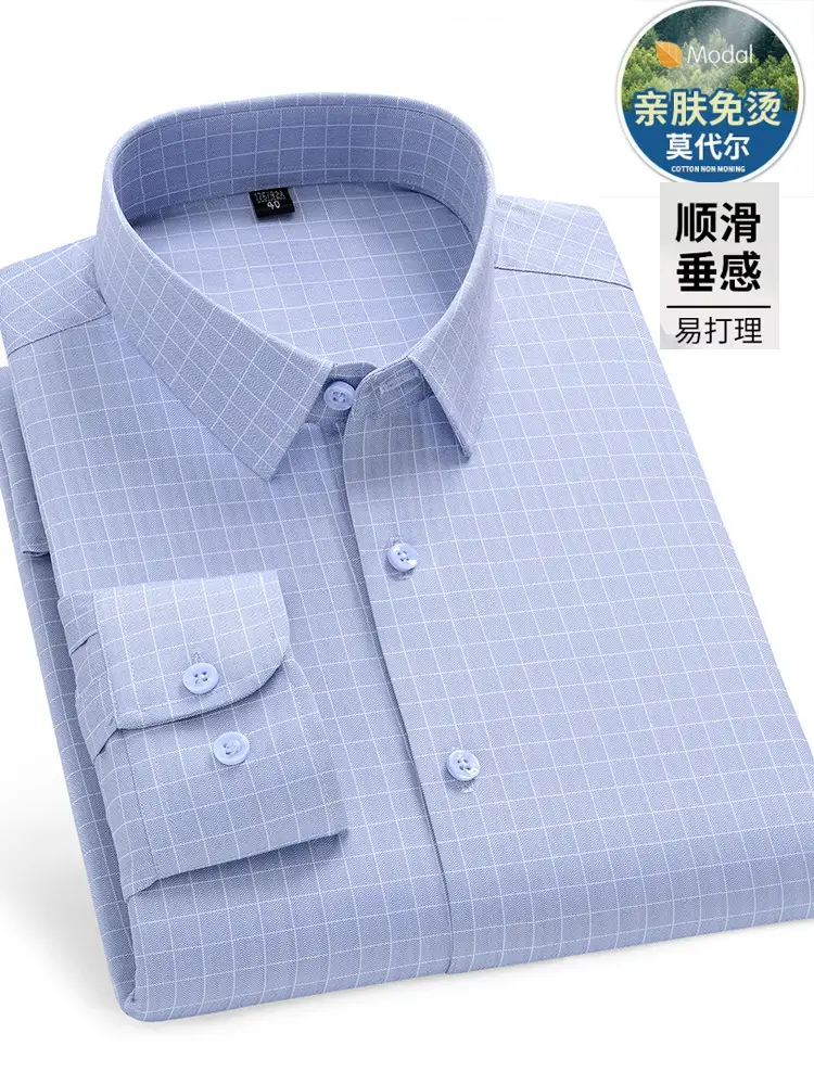 Men's Grey Checkered Shirt Modal Bamboo Fiber Spring Autumn Summer Thin