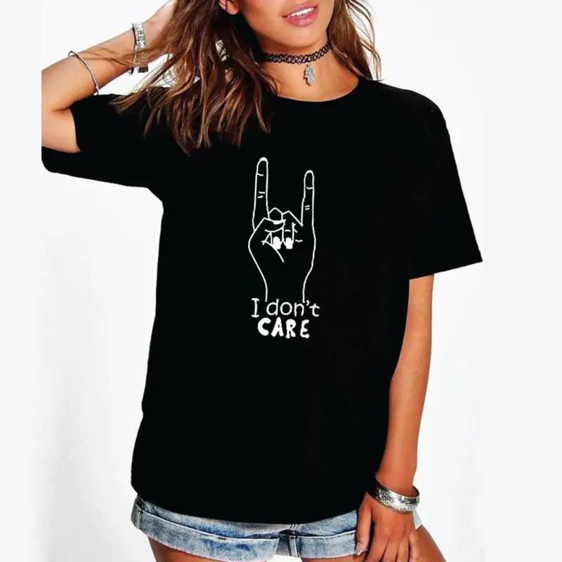 Women White T-Shirt "I Don't Care" Street Style
