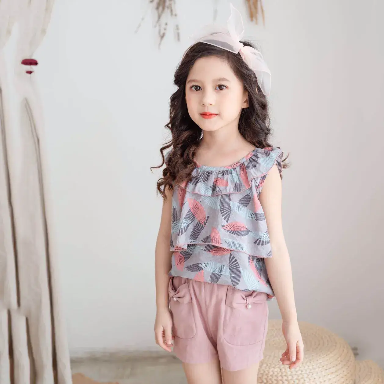 Girls Cotton Sleeveless Shorts Set Pink Floral Summer Wear
