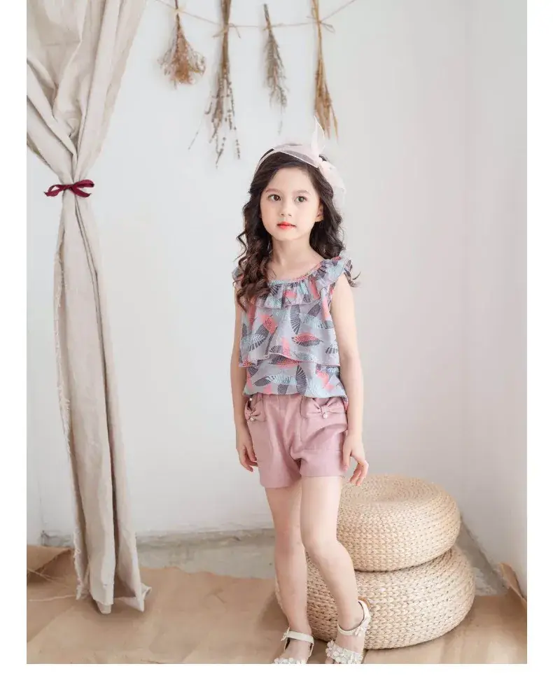 Girls Cotton Sleeveless Shorts Set Pink Floral Summer Wear — feature 13
