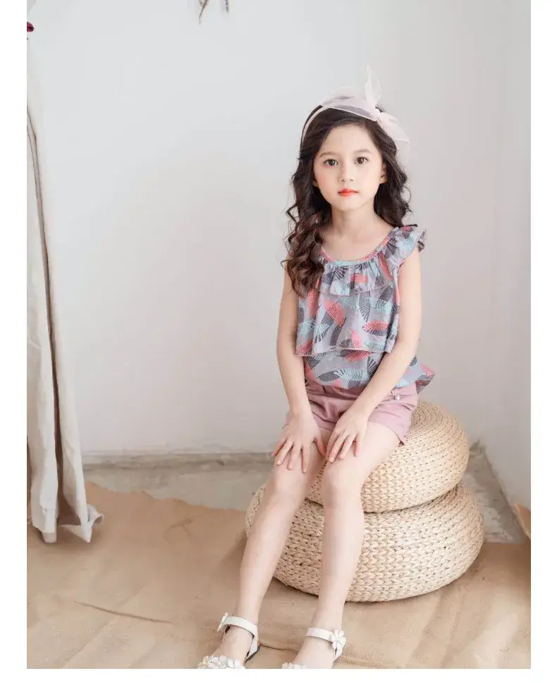 Girls Cotton Sleeveless Shorts Set Pink Floral Summer Wear — feature 14
