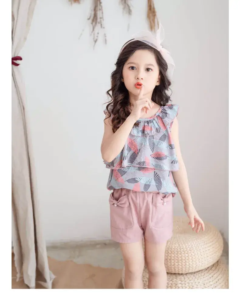 Girls Cotton Sleeveless Shorts Set Pink Floral Summer Wear — feature 15